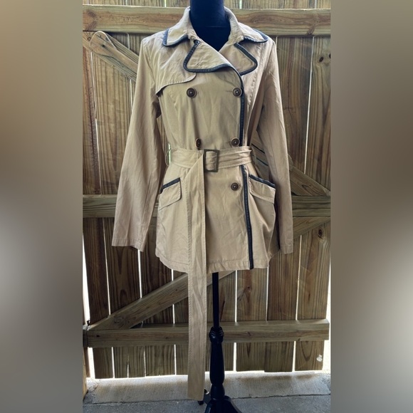 Tommy Hilfiger Tan Double Breasted Cotton Trench Coat with Faux Leather Trim L - Picture 2 of 14